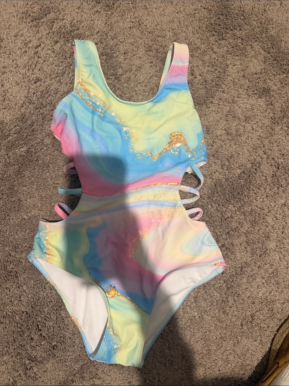 Kids Pastel Marble One-Piece Swimsuit with Gold Accents